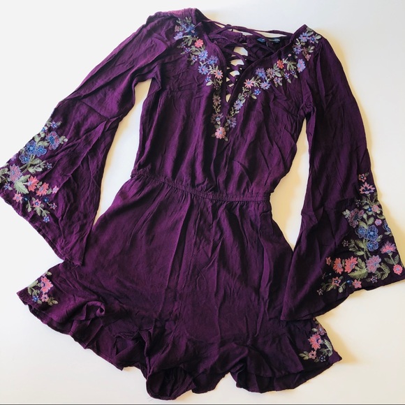 American Eagle Outfitters Pants - AEO lace up bell sleeve embroidered purple romper